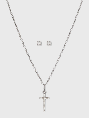 Sterling Silver With Cubic Zirconia Studs And Cross Pendant Set- A New Day™ Silver