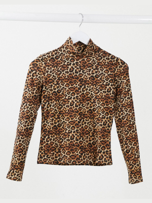 Monki Vanja Organic Cotton Leopard Print Top In Brown