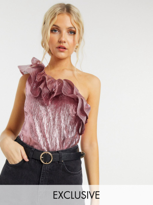 Collective The Label Exclusive One Shoulder Bodysuit With Double Ruffle In Metallic Pink