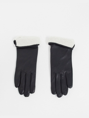 Asos Design Leather Gloves With Touch Screen And Shearling Turnover Trim