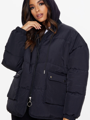 Black Peach Skin Oversized Hooded Puffer