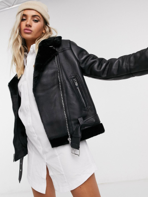 Topshop Faux Leather Aviator Jacket In Black
