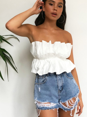 White Cotton Ruffle Bandeau Top