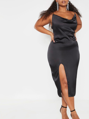 Plus Black Strappy Satin Cowl Midi Dress