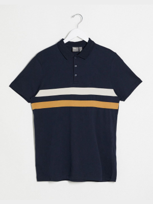 Asos Design Polo Shirt With Chest Stripes In Navy