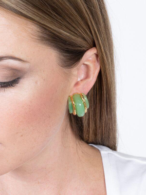 Gold Double Ribbed Jade Domed Hoop Clip Earrings