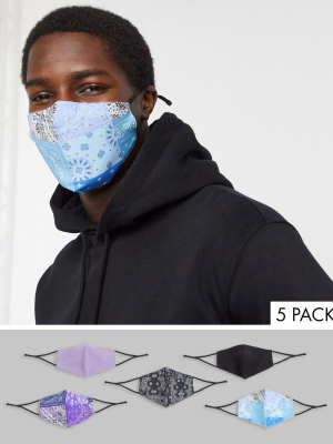 Asos Design Unisex 5 Pack Face Coverings With Adjustable Straps And Nose Clip In Bandana Prints