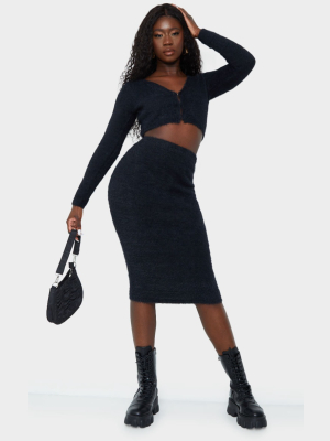 Black Eyelash Knit Midi Skirt