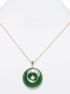 Green Nephrite Jade Pi & Gold Shou Pendant