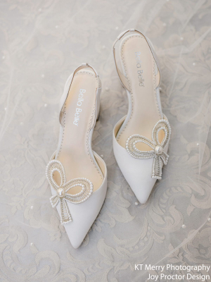Ivory Beaded Pearl Bow Shoes, Bridal Ankle Strap Heels With Bow