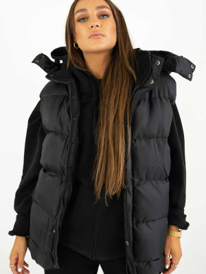 Quilted Black Padded Zip Gilet With Detachable Hood - Black