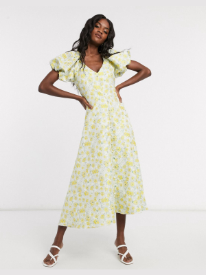 Dream Sister Jane Midi Tea Dress With Faux Pearl Buttons And Puff Sleeves In Floral Jacquard