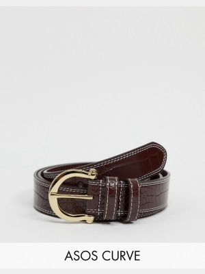 Asos Design Curve Vintage Buckle Waist And Hip Jeans Belt With In Brown Shiny Croc With Contrast Stitch