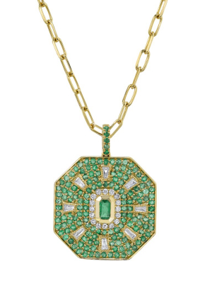 Sun Disk Emerald Pendant Necklace - Yellow Gold