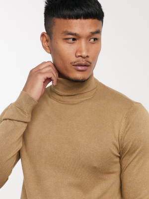 Pull&bear Roll Neck Sweater In Tan