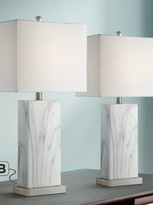 360 Lighting Modern Table Lamps Set Of 2 With Usb Charging Ports White Faux Marble Rectangular Shade Living Room Bedroom Bedside