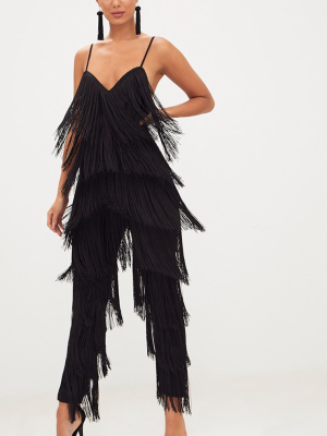 Black Tassel Plunge Jumpsuit