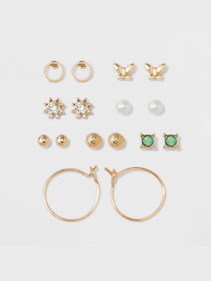 Two Spheres, Two Circles, Flower, Pearl, Green Stone & Bow Earring Set - A New Day™ Gold