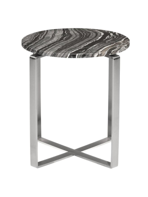 Rosa Side Table In Black Wood Vein W/ Polished Stainless Steel Base