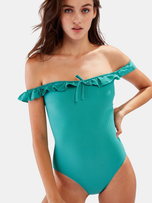 The Amelia Ruffle Off Shoulder One Piece Swimsuit - Green Pucker