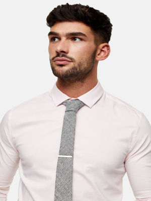 Grey Textured Tie With Clip