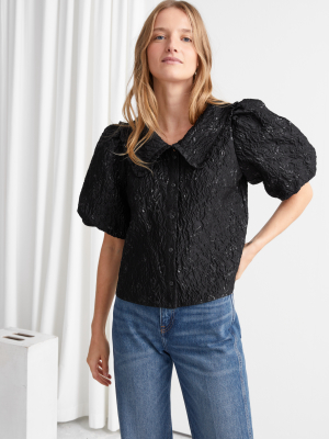 Textured Ruffle Collar Puff Sleeve Top