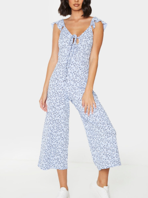 Baby Blue Floral Frill Shoulder Culotte Jumpsuit