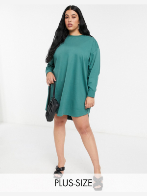 Asos Design Curve Oversized Smock Back Sweatshirt Dress In Green