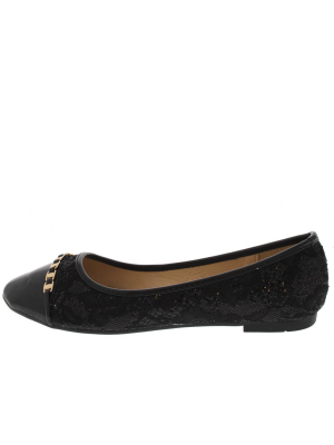 Nana04 Black Chain Glitter Lace Flat