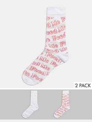 Asos Design Sport Socks With Feed Me Slogan Embroidery 2-pack