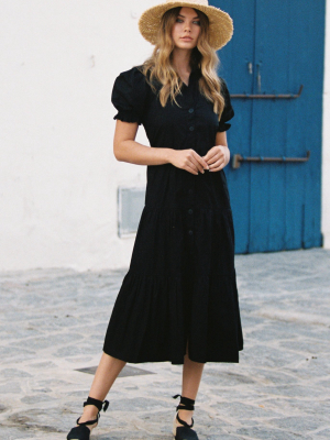 Blanca Puff Sleeved Midi Shirtdress In Solid Black Poplin