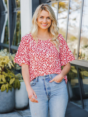 Olly Flare Sleeve Top - Small Red Floral