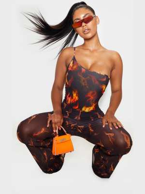 Flame Print One Shoulder Strappy Thong Bodysuit