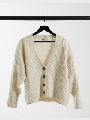 Stradivarius Cableknit Cardigan In Ecru