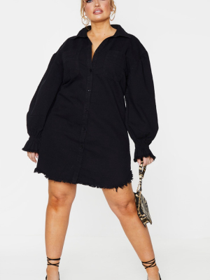 Plus Black Denim Fray Hem Shirt Dress