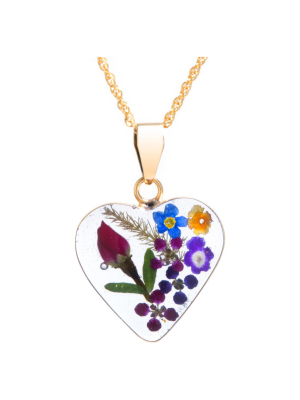 Women's Gold Over Sterling Silver Pressed Flowers Heart Pendant (18")