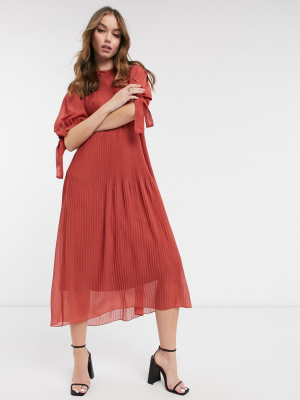 Asos Design Pleated Trapeze Midi Dress With Tie Sleeves In Rust