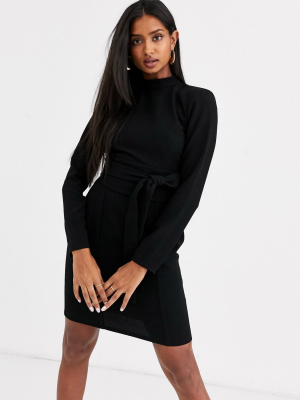 Asos Design Long Sleeve Mini Dress With Obi Belt In Black