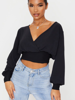 Black Chiffon Shirred Sleeve Blouse