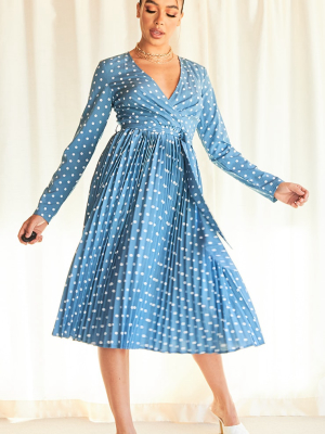 Blue Polka Dot Long Sleeve Pleated Midi Dress