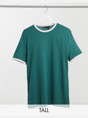 Asos Design Tall Organic Green T-shirt With Contrast Trims In Off-white