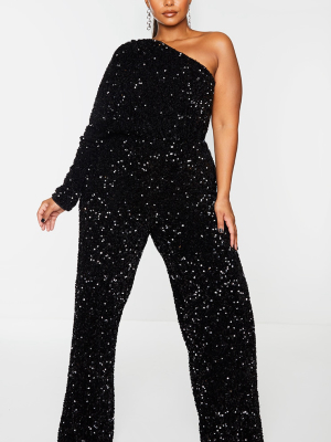 Plus Black Velvet Sequin One Shoulder Wide Leg...