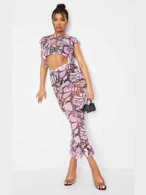 Pink Butterfly Print Mesh Peplum Hem Midaxi Skirt