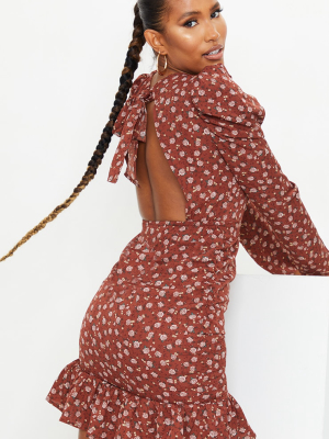 Brown Floral Print Tie Back Long Sleeve Bodycon...