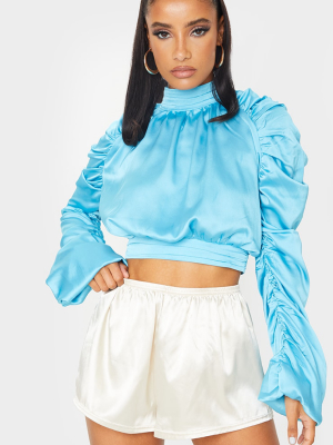 Aqua Satin Ruched Sleeve Crop Top