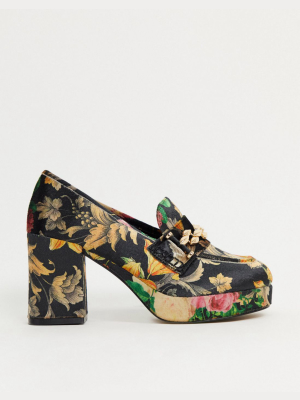 Asos Design Selina Platform Mid-heeled Loafers In Velvet Jacquard