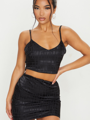 Black Printed Satin Strappy Crop Top