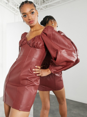 Asos Edition Leather Mini Dress With Bust Ruching In Chestnut