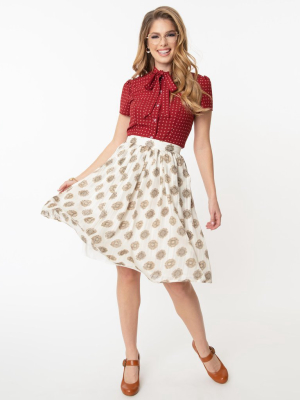 Retro Style Cream & Medallion Print Flare Skirt