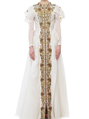 Elongated Puff-sleeves Embroidered Gown